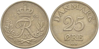 Дания 25 эре 1950 N,S, Фредерик IX (1947-1972) KM 842.1 медно-никель 67-944