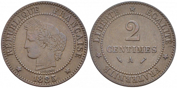 ФРАНЦИЯ 2 САНТИМА 1885 A KM 827.1 бронза 116-749