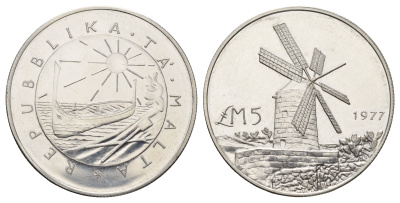 Мальта 5 лир (фунтов) 1977 Ветряная мельница KM 47 серебро BU 270-621