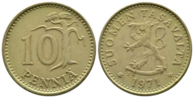 ФИНЛЯНДИЯ 10 ПЕННИ 1971 S KM 46 алюминиевая бронза 4110-747