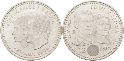 Испания 12 евро 2004 свадьба принца Фелипе и Летисии 24.05.2004 KM 1069 серебро UNC 1521-1115