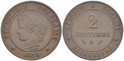 ФРАНЦИЯ 2 САНТИМА 1885 A KM 827.1 бронза 116-749