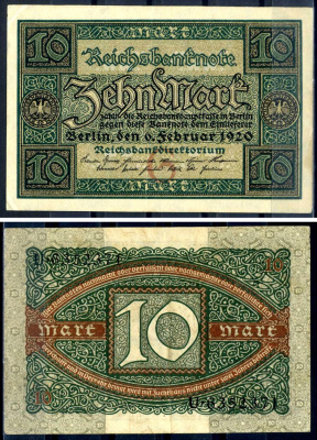 Германия 10 марок 1920 буква G, серия U, номер семизначный Pick 67a, Rosenberg 63а бумага 8617-25-2-2