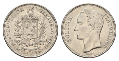 Венесуэла 1 боливар 1967 год-тип, Симон Боливар Y 42 никель aUNC 4668-1028