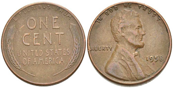 США 1 ЦЕНТ 1958 ЛИНКОЛЬН KM А132 медь цинк 3309-1221