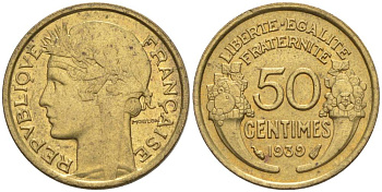 ФРАНЦИЯ 50 САНТИМОВ 1939 ТИП MORLON KM 894.1, LE FRANC 192.15 алюминиевая бронза 44-853