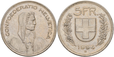 Швейцария 5 франков 1994 B, Вильгельм Телль KM 40a медно-никель 4157-345