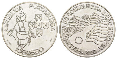 Португалия 1000 эскудо 2000 Председательство Португалии в совете ЕС KM 724 серебро BU 1088-2-14