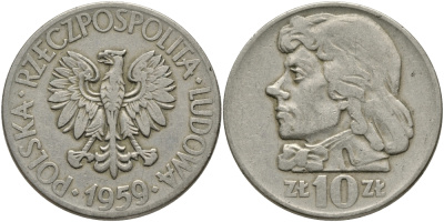 Польша 10 злотых 1959 MW, Тадеуш Костюшко, первый год KM 50 медно-никель 4168-133