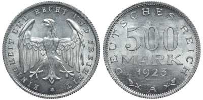 Германия 500 марок 1923 А KM 36, J.305 алюминий UNC 4587-546