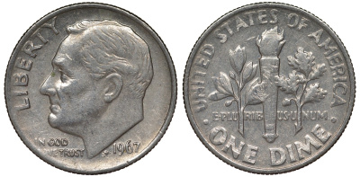 США 10 центов (дайм) 1967 Рузвельт KM 195а медь плакированная медно-никелем 4124-438