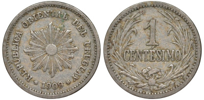 Уругвай 1 сентесимо 1909 KM 19 медно-никель 4169-619