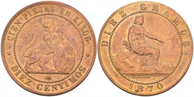 Испания 10 сентимо 1870 ОМ, лев со щитом KM 663 (Y54) медь 3855-542