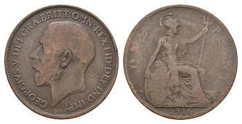 Великобритания 1 пенни 1916 Георг V (1910-1936) KM 810, Spink 4051 бронза 4661-531