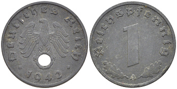 ГЕРМАНИЯ 1 РЕЙХСПФЕННИГ 1942 А KM 97, J. 369 цинк 4181-517