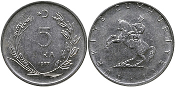ТУРЦИЯ 5 ЛИР 1977 KM 905 нержавеющая сталь 29-911