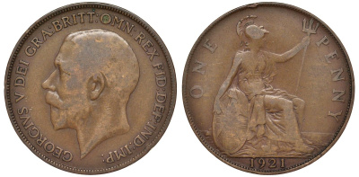 Великобритания 1 пенни 1921 Георг V (1910-1936) KM 810, Spink 4051 бронза 4123-1136