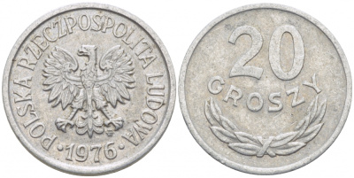ПОЛЬША 20 ГРОШЕЙ 1976 MW, LARGE DATE KM А47 алюминий 4448-823
