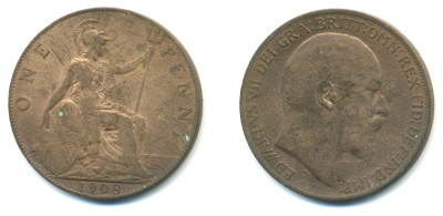 Великобритания 1 пенни 1908 Эдуард VII (1901-1910) KM 794.2, Spink 3990 бронза 83-535