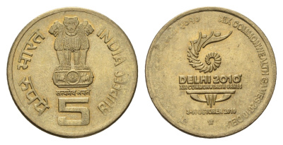 Индия 5 рупий 2010 XIX Игры Содружества в Индии KM 391 никель латунь UNC 4119-926