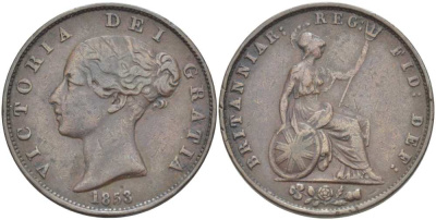 Великобритания 1/2 пенни 1853 Виктория (1837-1901) KM 726, Spink 3949 медь  1518-1343