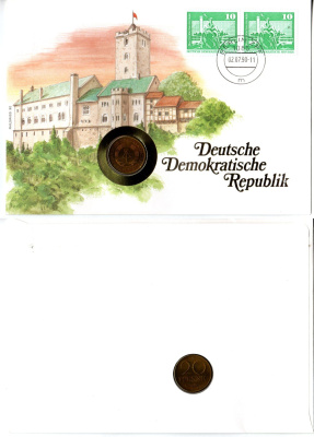 ГДР 20 пфеннигов 1989 в конверте с маркой (КПД - Конверт первого дня Гашения) KM 11 латунь UNC 9003-75