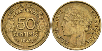 Франция 50 сантимов 1932 KM 894.1, Le Franc 192.15 алюминиевая бронза 4596-752