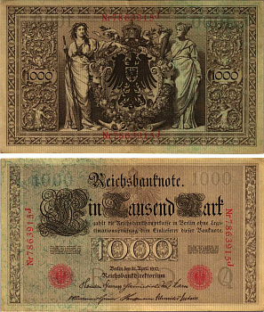 ГЕРМАНИЯ 1000 МАРОК 1910 21 АПРЕЛЯ 1910, СЕМИЗНАЧНЫЙ НОМЕР, СЕРИЯ J Pick 44b бумага 8610-21-1