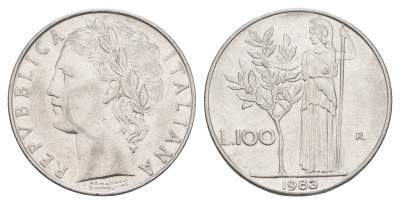 Италия 100 лир 1983 R, Афина в доспехах KM 96.1 нержавеющая сталь 4556-311