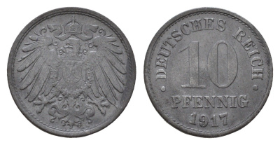 Германия 10 пфеннигов 1917 Вильгельм II (1888-1918) KM 26, J. 299 цинк 4636-1123