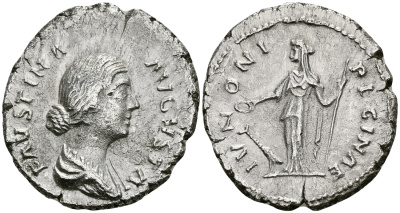 Римская Империя денарий 161 - 170 Фаустина Младшая, жена Марка Аврелия IVNONI REGINAE Юнона Рим Good Very fine RIC 696 серебро 1073-4-54