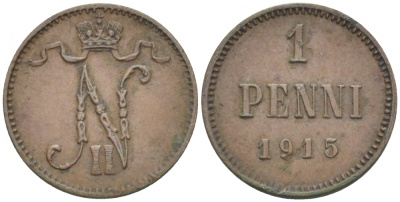РОССИЯ ДЛЯ ФИНЛЯНДИИ 1 ПЕННИ 1915 НИКОЛАЙ II KM 13, Биткин 475 медь 261-1133