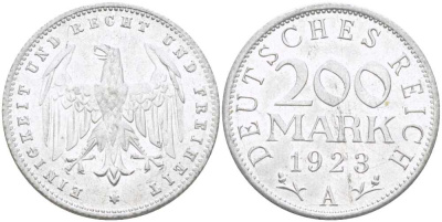 ГЕРМАНИЯ 200 МАРОК 1923 A KM 35, J. 304, Weege 22 алюминий 210-443