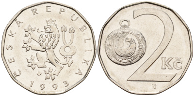 Чехия 2 кроны 1993 KM 9 сталь плакированная никелем    4143-311