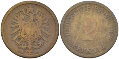 ГЕРМАНИЯ 2 ПФЕННИГА 1876 D, СТАРОГЕРБОВКА KM 2, J. 2, Weege 3 медь 212-625