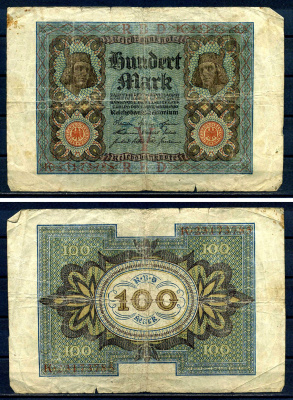 Германия 100 марок 1920 8 цифр в серии Pick 69 b бумага 7552-71-1-2