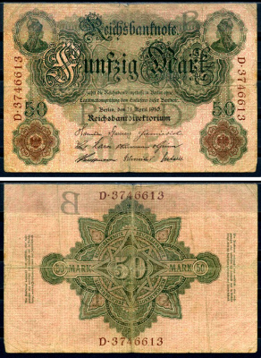 Германия 50 марок 1910 Pick 41 бумага 7191-47-2-2