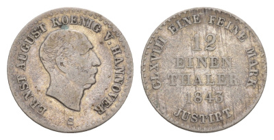 Ганновер 1/12 талера 1843 S, Эрнст Август I (1837-1851) KM 194.1, AKS 113, J. 72 серебро    4658-1048