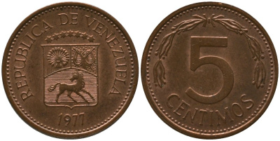 Венесуэла 5 сентимо 1977 KM 49 сталь плакированная бронзой 4576-657