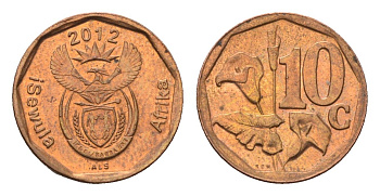 ЮАР 10 центов 2012 герб, цветок алоэ сталь плакированная бронзой UNC 4690-1031