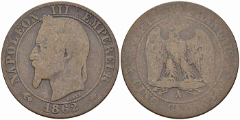 ФРАНЦИЯ 5 САНТИМОВ 1862 A, НАПОЛЕОН III (1852-1870) KM 797.1, LE FRANC 117.5 бронза 108-516