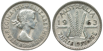 Австралия 3 пенса 1963 m, Елизавета II (1952-2022) KM 57 серебро 71-949
