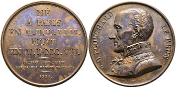 ФРАНЦИЯ МЕДАЛЬ 1821 ПОЭТ ПОНС ДЕНИ ЭКУШАР-ЛЕБРЕН, РОДИЛСЯ В 1729 УМЕР В 1807, ИЗ СЕРИИ МЕДАЛЕЙ УВЕКОВЕЧИВАЮЩИХ ВЕЛИКИХ ЛЮДЕЙ ФРАНЦИИ, диаметр 41,5 мм., вес 30,74 гр. бронза 01-107-15