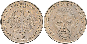 ФРГ 2 марки 1988 D, Людвиг Эрхард, 40 лет Федеративной Республике KM 170 медно-никель 4572-1114