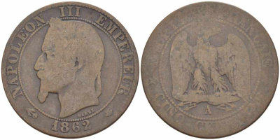 ФРАНЦИЯ 5 САНТИМОВ 1862 A, НАПОЛЕОН III (1852-1870) KM 797.1, LE FRANC 117.5 бронза 108-516