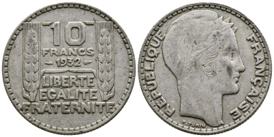 Франция 10 франков 1932 Пьер Тюрен KM 878, Le Franc 360.5 серебро 79-1544