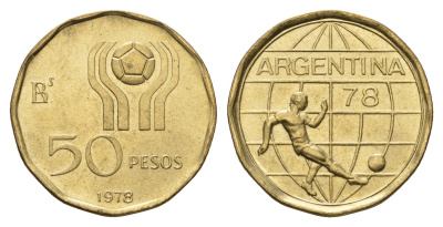 Аргентина 50 песо 1978 Чемпионат мира по футболу, Аргентина 1978 KM 76 алюминиевая бронза UNC 202-916