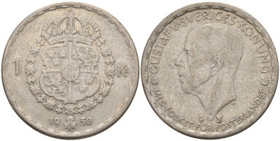 Швеция 1 крона 1950 TS, Густав VI Адольф (1950-1973) KM 814 серебро 4148-1124