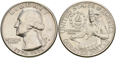 США 25 центов (квотер) 1976 D, 200 лет независимости (1776-1976), Вашингтон, барабанщик KM 204 медь плакированная медно-никелем    4364-3546