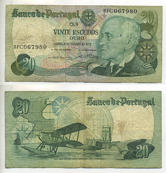 Португалия 20 эскудо 1978 Гагу Коутинью, биплан Fairey III III-MKII Pick 176 b бумага 7552-37-3